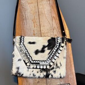 Cowhide Crossbody Bag with Coin Trim - Black & White